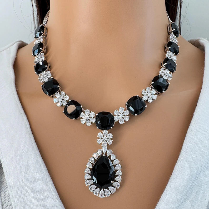 Black TearDrop CZ diamond Necklace, Indian CZ diamond, Prom Jewelry, Mother of the Bride Teardrop Necklace, Bridesmaid, Graduation gift