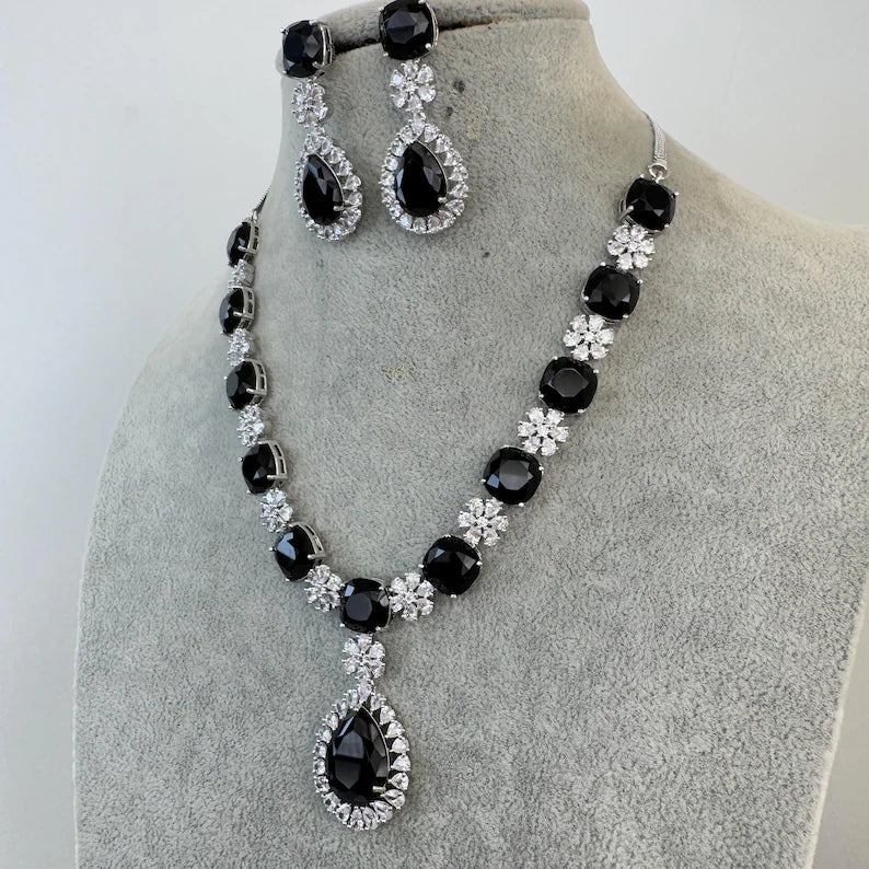 Black TearDrop CZ diamond Necklace, Indian CZ diamond, Prom Jewelry, Mother of the Bride Teardrop Necklace, Bridesmaid, Graduation gift