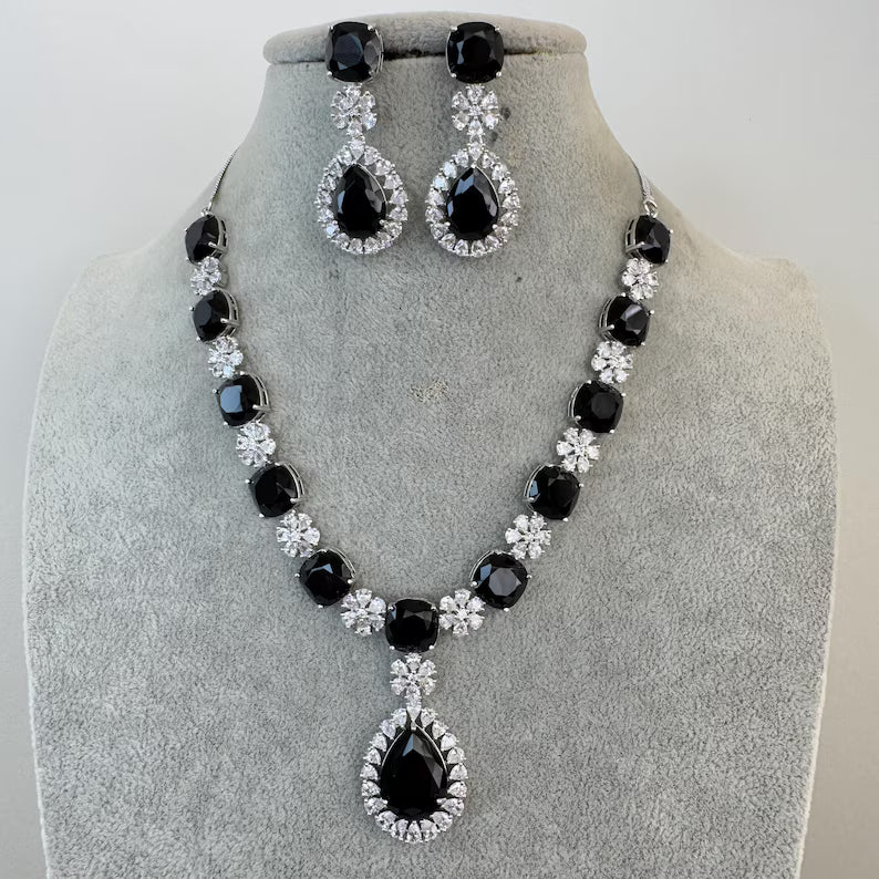 Black TearDrop CZ diamond Necklace, Indian CZ diamond, Prom Jewelry, Mother of the Bride Teardrop Necklace, Bridesmaid, Graduation gift