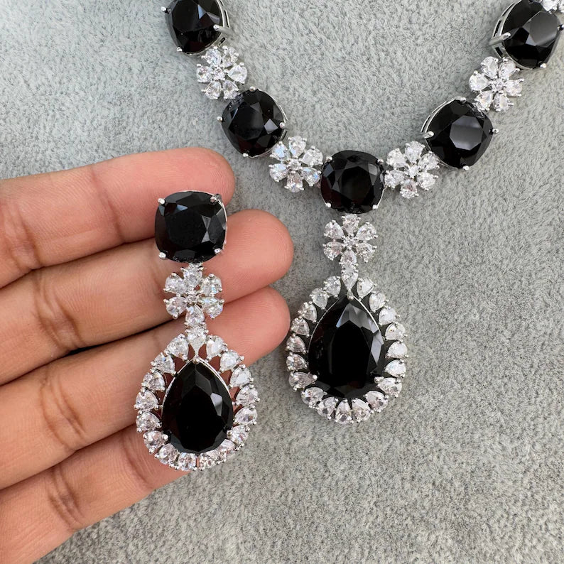 Black TearDrop CZ diamond Necklace, Indian CZ diamond, Prom Jewelry, Mother of the Bride Teardrop Necklace, Bridesmaid, Graduation gift