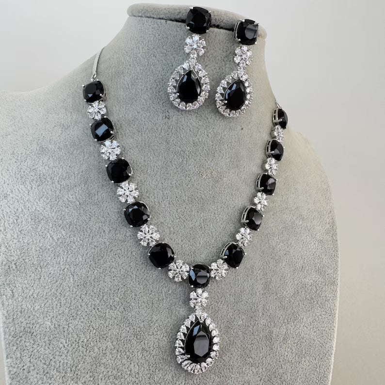 Black TearDrop CZ diamond Necklace, Indian CZ diamond, Prom Jewelry, Mother of the Bride Teardrop Necklace, Bridesmaid, Graduation gift