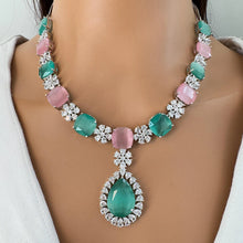 MintPink TearDrop CZ diamond Necklace, Indian CZ diamond, Prom Jewelry, Mother of the Bride Teardrop Necklace, Bridesmaid, Graduation gift