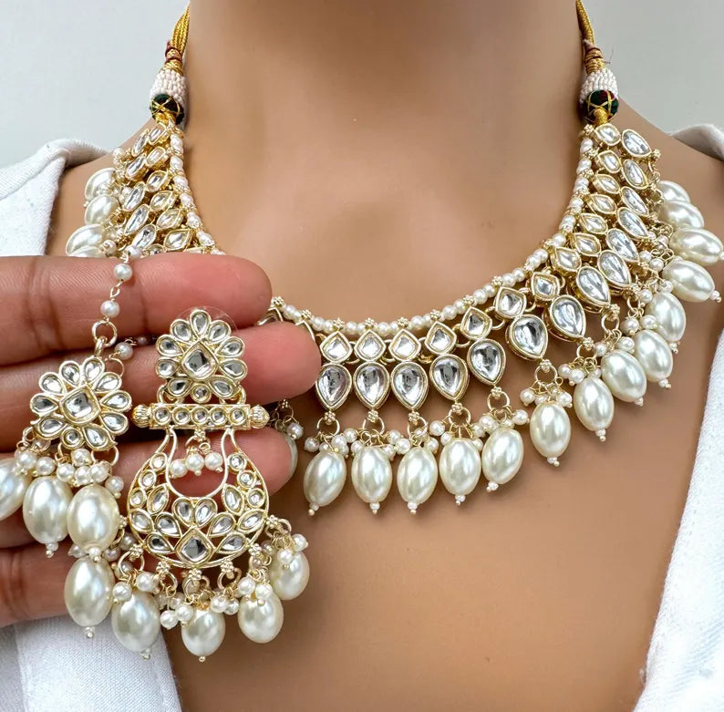 White Pearl Kundan Necklace Set/Kundan Choker/ Bollywood Jewelry/ Indian Pakistani necklace/ punjabi necklace/bridal necklace/indian wedding