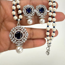 Pearl Silver CZ Diamond Pendent necklace with Earrings CZ Stones Necklace Set/Elegant/Unique Jewelry/Indian/Pakistani/Bollywood/Gift for her