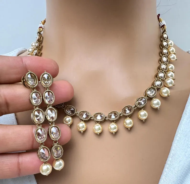 White Antique Polki Kundan necklace set/Reverse Ad Necklace/Statement necklace/Indian/Punjabi Necklace/Pakistani Jewelry/Bridal necklace/