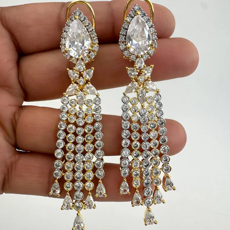 2 Tone Gold American Diamond earrings/Indian Jewelry/Pakistani Jewelry/Indian CZ earrings/AD earrings/Statement earrings/Gift for her