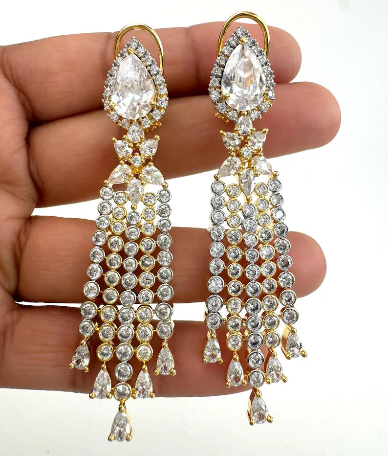 2 Tone Gold American Diamond earrings/Indian Jewelry/Pakistani Jewelry/Indian CZ earrings/AD earrings/Statement earrings/Gift for her