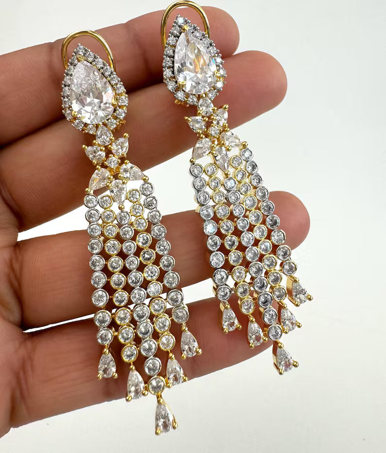 2 Tone Gold American Diamond earrings/Indian Jewelry/Pakistani Jewelry/Indian CZ earrings/AD earrings/Statement earrings/Gift for her