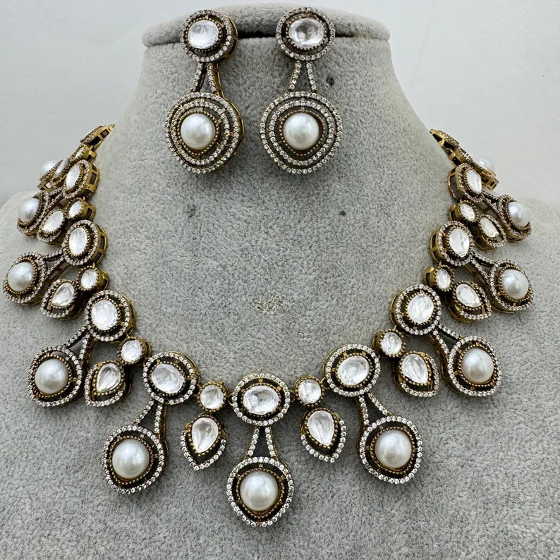White Moissanite polki Kundan Necklace, Indian Bridal,Bollywood Designer Statement Sabyasachi Necklace, Indian Pakistani jewelry for wedding