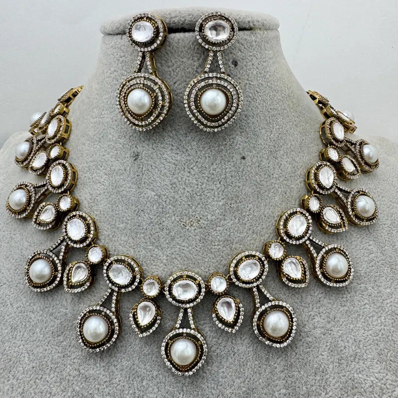 White Moissanite polki Kundan Necklace, Indian Bridal,Bollywood Designer Statement Sabyasachi Necklace, Indian Pakistani jewelry for wedding