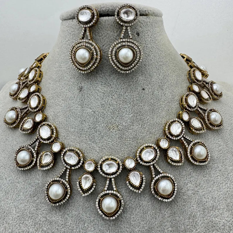 White Moissanite polki Kundan Necklace, Indian Bridal,Bollywood Designer Statement Sabyasachi Necklace, Indian Pakistani jewelry for wedding