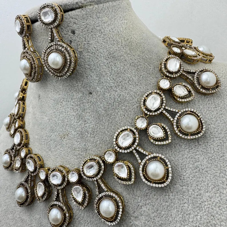 White Moissanite polki Kundan Necklace, Indian Bridal,Bollywood Designer Statement Sabyasachi Necklace, Indian Pakistani jewelry for wedding