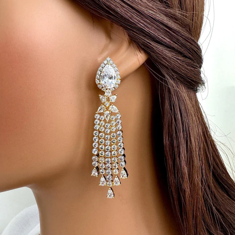 2 Tone Gold American Diamond earrings/Indian Jewelry/Pakistani Jewelry/Indian CZ earrings/AD earrings/Statement earrings/Gift for her