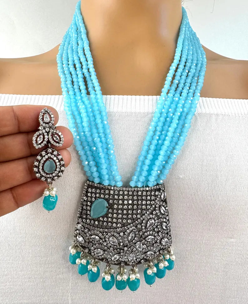 Aqua Blue Multi-strands American Diamond Long Necklace/Indian Long Necklace/Indian wedding/Bridal/Pakistani Jewelry/Mala necklace