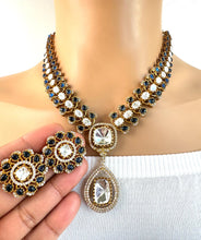 Blue Victorian Moissanite Necklace, Semi-precious muti stones Pendant Necklace, Indian Bridal Jewelry, Bollywood Sabyasachi Necklace