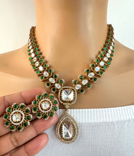 Green Victorian Moissanite Necklace, Semi-precious muti stones Pendant Necklace, Indian Bridal Jewelry, Bollywood Sabyasachi Necklace