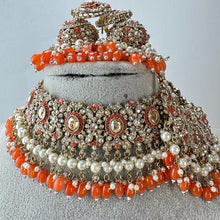 Orange Antique Shadow Stone Pearl Choker Necklace with earrings and tikka and Passa Bridal necklace Indian Pakistani Punjabi Wedding
