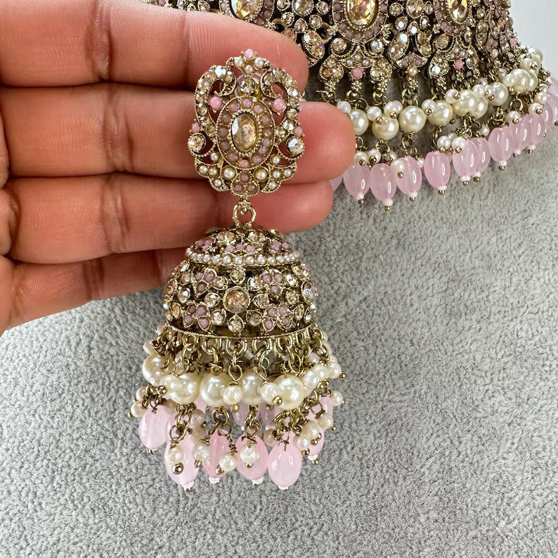 Baby Pink Antique Shadow Stone Pearl Choker Necklace with earrings and tikka and Passa Bridal necklace Indian Pakistani Punjabi Wedding