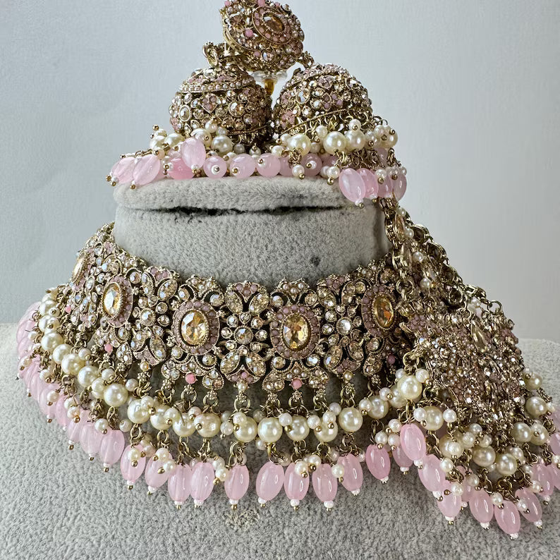 Baby Pink Antique Shadow Stone Pearl Choker Necklace with earrings and tikka and Passa Bridal necklace Indian Pakistani Punjabi Wedding