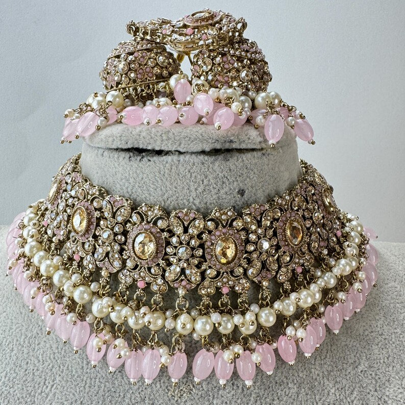 Baby Pink Antique Shadow Stone Pearl Choker Necklace with earrings and tikka and Passa Bridal necklace Indian Pakistani Punjabi Wedding
