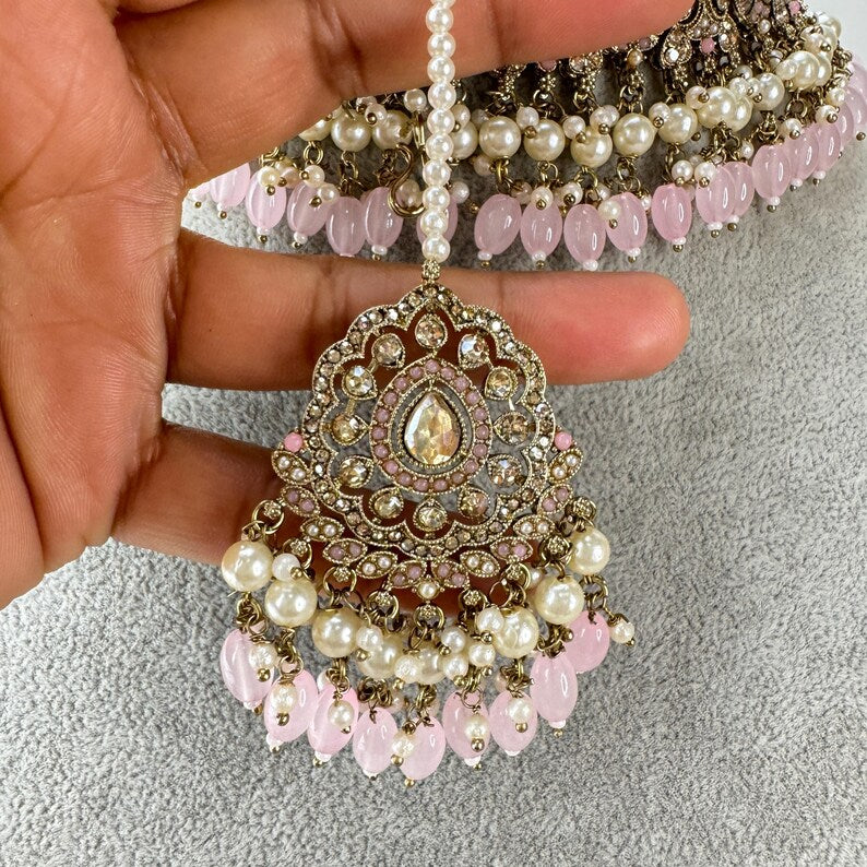 Baby Pink Antique Shadow Stone Pearl Choker Necklace with earrings and tikka and Passa Bridal necklace Indian Pakistani Punjabi Wedding