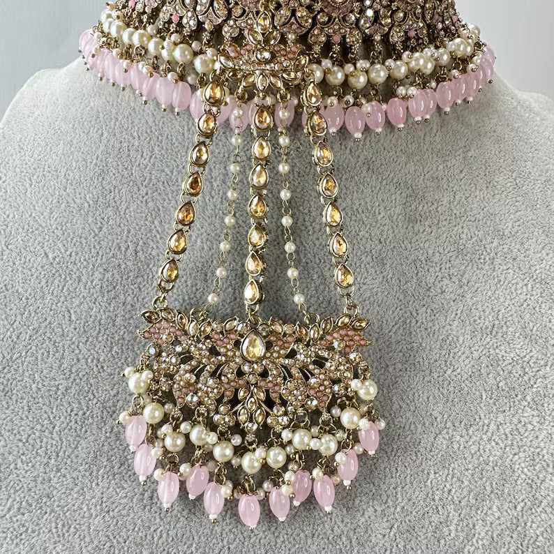 Baby Pink Antique Shadow Stone Pearl Choker Necklace with earrings and tikka and Passa Bridal necklace Indian Pakistani Punjabi Wedding