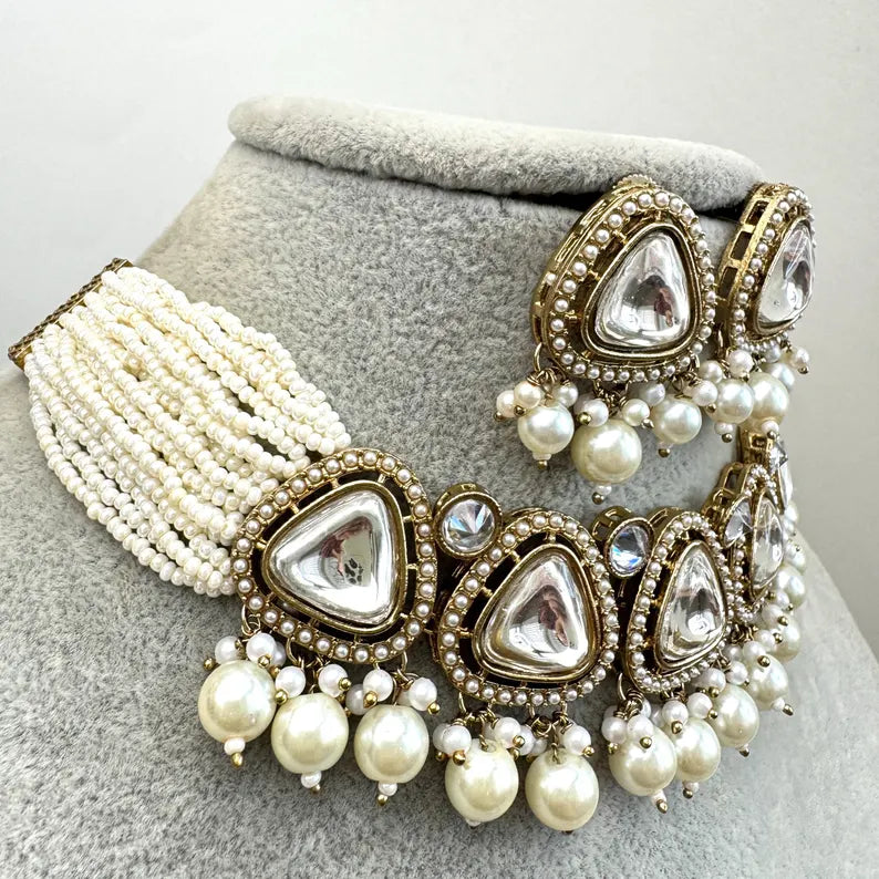 White Pearl Kundan necklace set/Kundan Choker Necklace/Statement necklace/Indian/Punjabi Necklace/Pakistani Jewelry/Bridal necklace