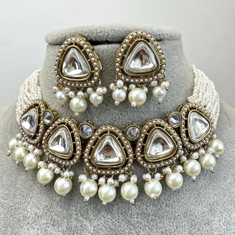 White Pearl Kundan necklace set/Kundan Choker Necklace/Statement necklace/Indian/Punjabi Necklace/Pakistani Jewelry/Bridal necklace