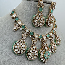 Mint Green Mossinate Polki Fusion Necklace, Sabyasachi Necklace, Wedding Necklace, Semi Precious Jewelry, Bollywood Celebrity ,Pakistani