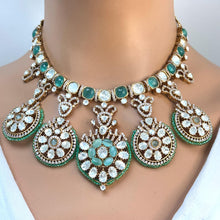 Mint Green Mossinate Polki Fusion Necklace, Sabyasachi Necklace, Wedding Necklace, Semi Precious Jewelry, Bollywood Celebrity ,Pakistani