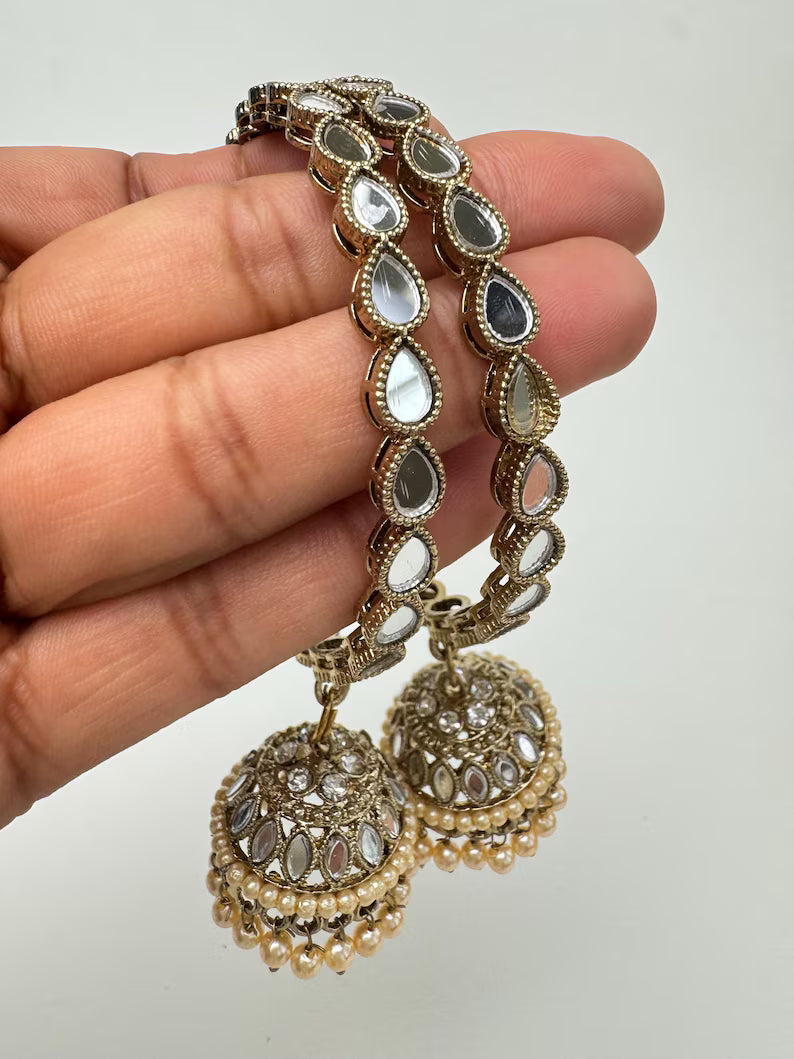 Antique Dull Gold Mirror Pearl Jhumka Bangles Set(2 Pc)/Indian bangles/Punjabi Pearl bangles Set/Bridal bangles/wedding jewelryLatkan bangle