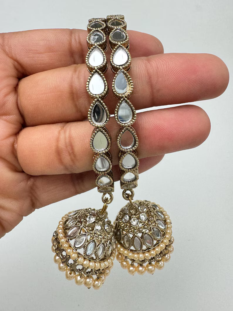Antique Dull Gold Mirror Pearl Jhumka Bangles Set(2 Pc)/Indian bangles/Punjabi Pearl bangles Set/Bridal bangles/wedding jewelryLatkan bangle