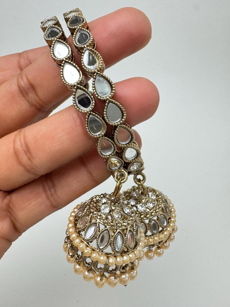 Antique Dull Gold Mirror Pearl Jhumka Bangles Set(2 Pc)/Indian bangles/Punjabi Pearl bangles Set/Bridal bangles/wedding jewelryLatkan bangle