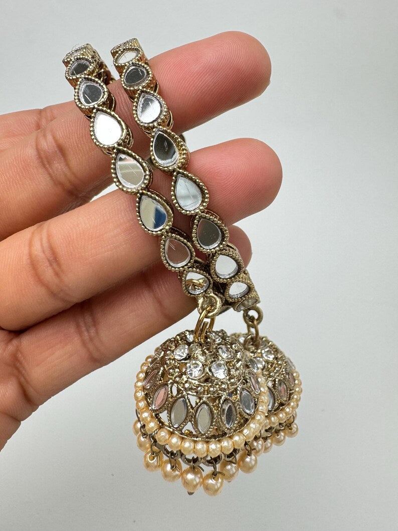 Antique Dull Gold Mirror Pearl Jhumka Bangles Set(2 Pc)/Indian bangles/Punjabi Pearl bangles Set/Bridal bangles/wedding jewelryLatkan bangle
