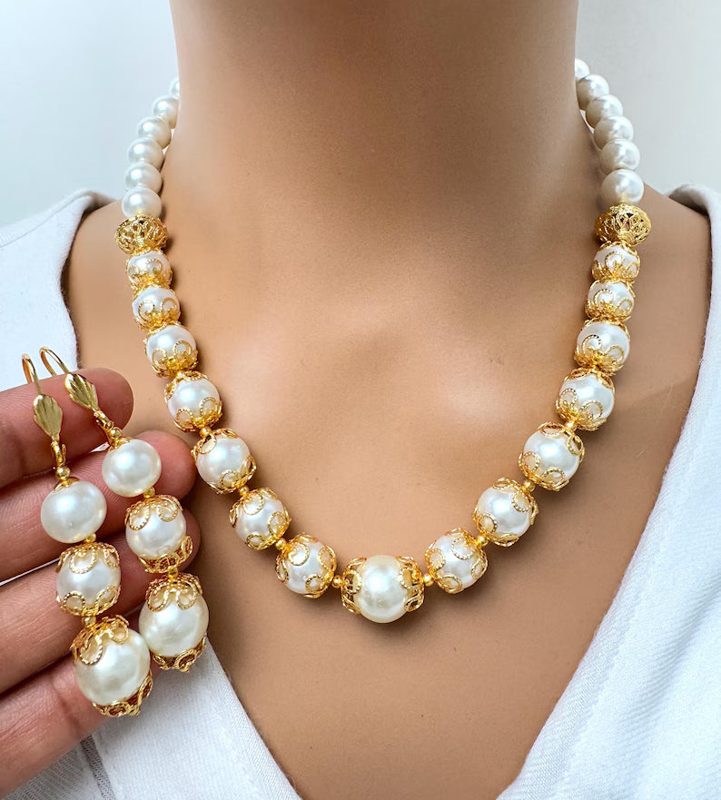 Antique Mala Necklace With Gold Plating, Antique necklace, Indian Jewelry, Pakistani Jewelry, Pearl Beads Mala Necklace, Gift for her