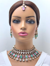 MintPink Bridal Mossinate Polki Victorian Necklace, Sabyasachi Necklace, Wedding necklace,Semi Precious Jewelry,Bollywood Celebrity Necklace