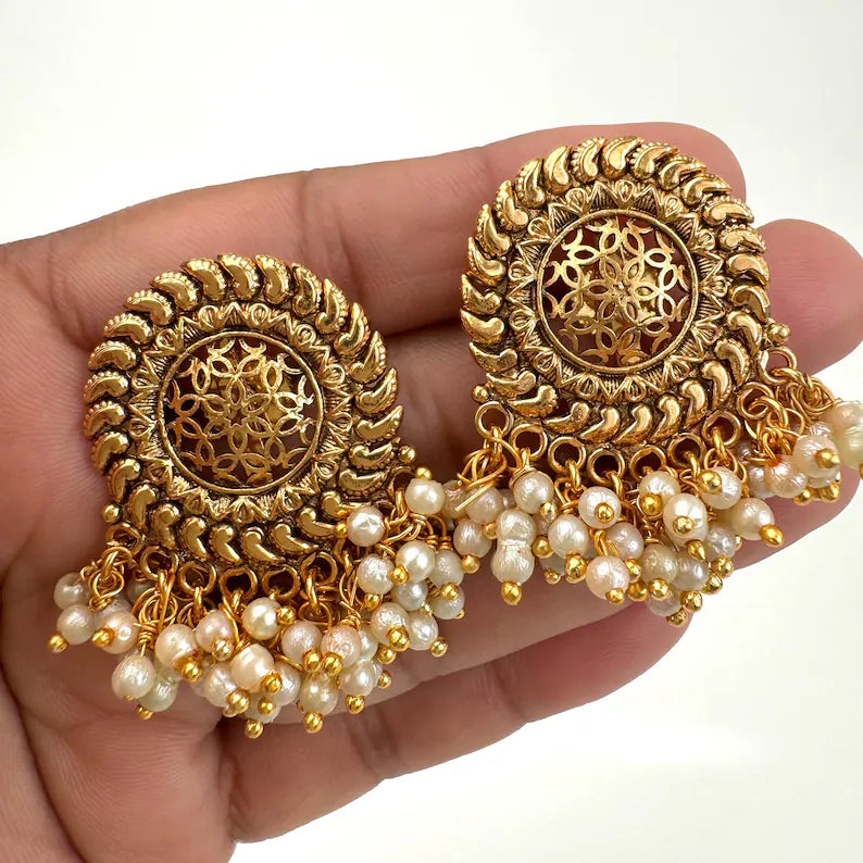 Antique Pearl Gold Studs Earrings /Indian Studs/Indian Earrings/Indian Jewelry/Pearl Stud/Bridal Jewelry/Indian wedding/South Indian Jewelry