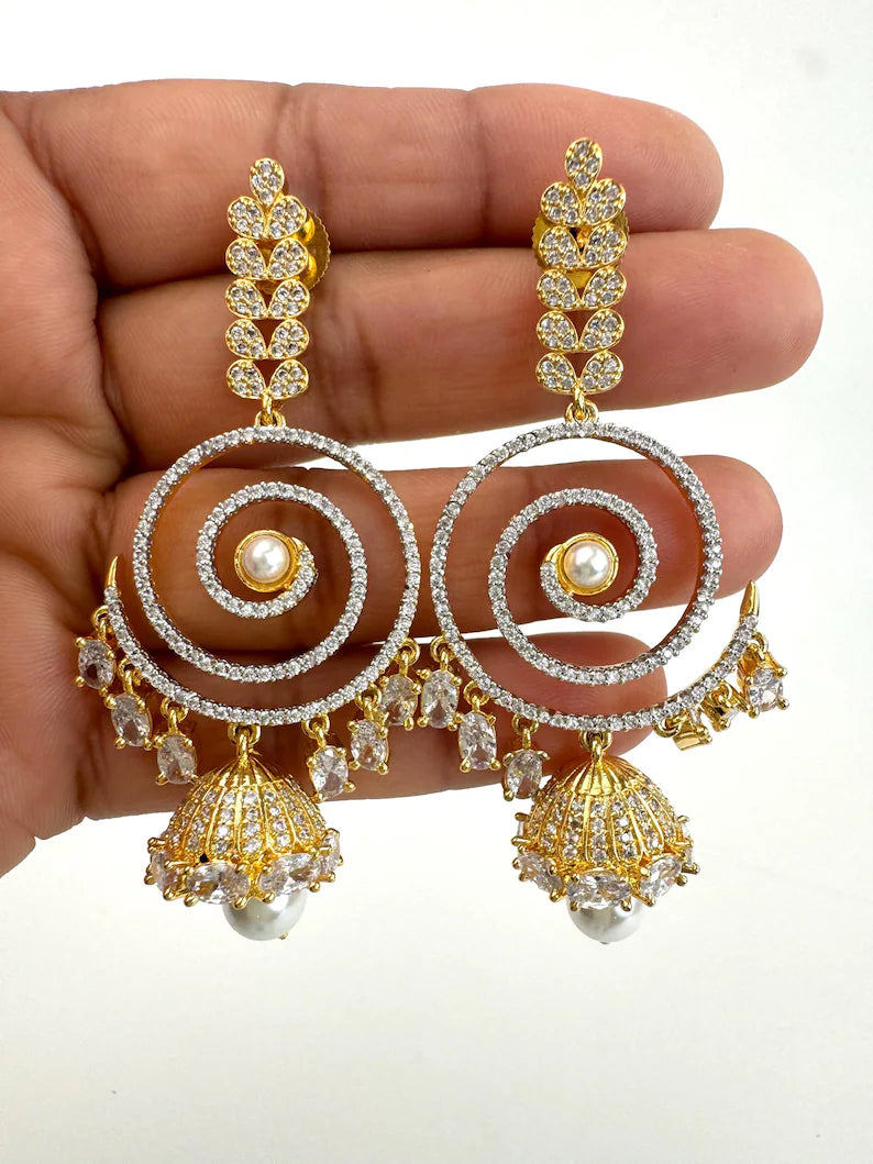 2 Tone Gold American Diamond earrings/Indian Jewelry/Pakistani Jewelry/Indian CZ earrings/AD earrings/Statement earrings/Gift for her