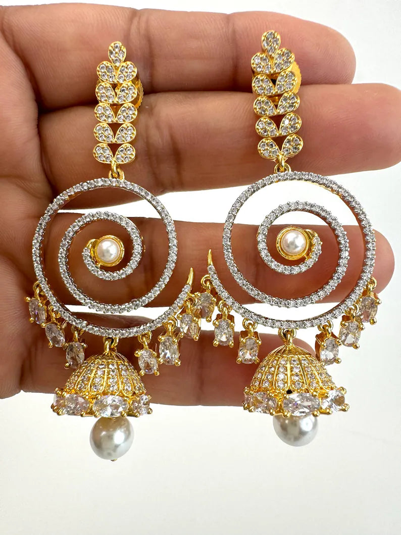 2 Tone Gold American Diamond earrings/Indian Jewelry/Pakistani Jewelry/Indian CZ earrings/AD earrings/Statement earrings/Gift for her