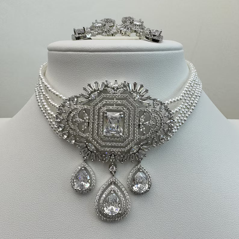 White Pearl American Diamond Choker necklace/Delicate CZ Stones Necklace/Unique Jewelry/Indian/Pakistani/Bollywood/Indian Wedding/Bridal