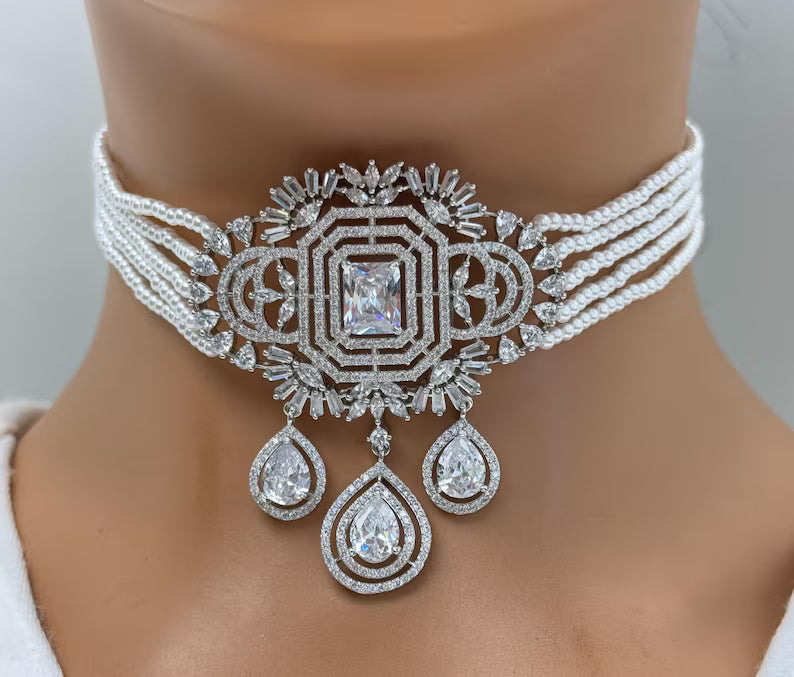 White Pearl American Diamond Choker necklace/Delicate CZ Stones Necklace/Unique Jewelry/Indian/Pakistani/Bollywood/Indian Wedding/Bridal
