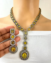 Yellow Victorian uncut polki CZ stone diamond Necklace, Sabyasachi Necklace, Statement Necklace, Semi Precious Designer necklace
