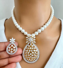 CZ American Diamond Pearl Mala Necklace With 2 Tone, Rhodium Plating, Indian Pakistani jewelry for wedding , Mala necklace