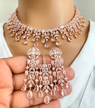 Rose Gold CZ Diamond necklace with Earrings and Tikka /CZ Stones Necklace Set/Elegant/Unique Jewelry/Indian/Pakistani/Bollywood