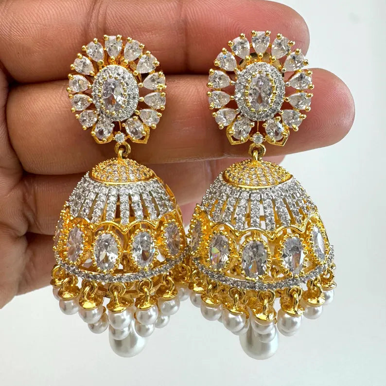 Cubic Zirconia Pearl Jhumki With 2 Tone Rhodium Plating, CZ diamond Jhumka/CZ Indian Jhumka/Pakistani Jewelry/Indian wedding/Gift for her