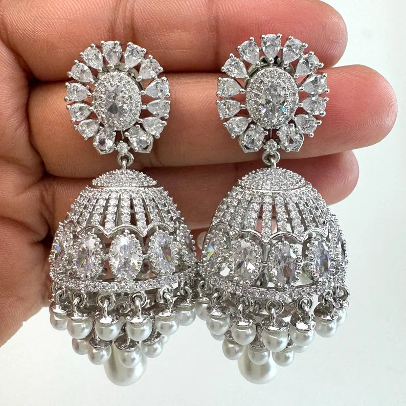 Cubic Zirconia Pearl Jhumki With 2 Tone Rhodium Plating, CZ diamond Jhumka/CZ Indian Jhumka/Pakistani Jewelry/Indian wedding/Gift for her
