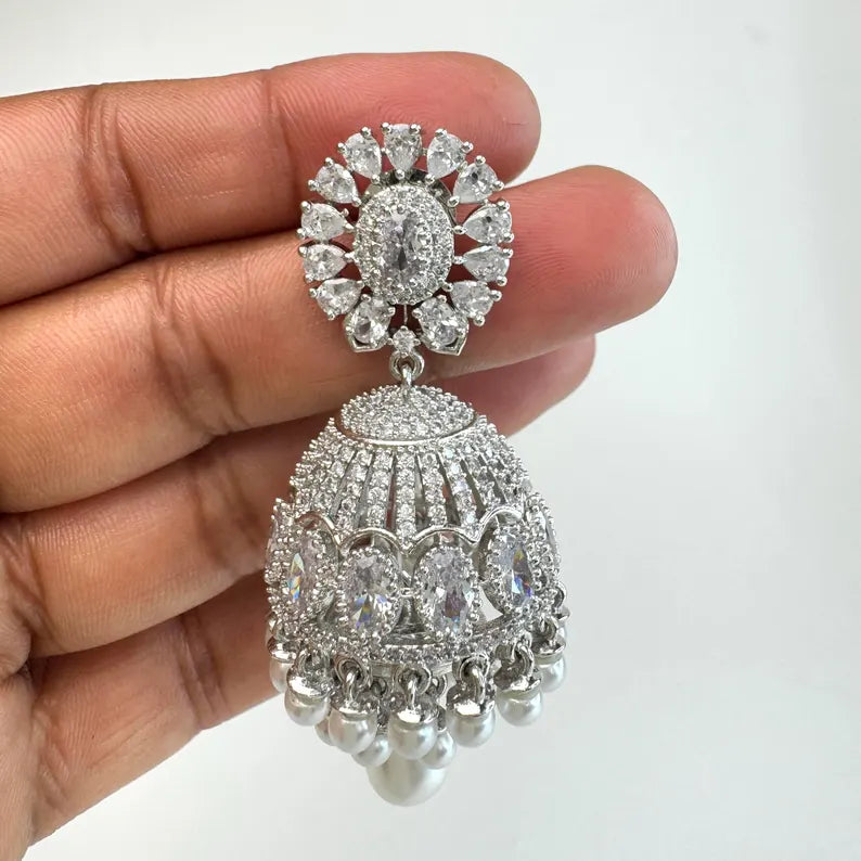 Cubic Zirconia Pearl Jhumki With 2 Tone Rhodium Plating, CZ diamond Jhumka/CZ Indian Jhumka/Pakistani Jewelry/Indian wedding/Gift for her