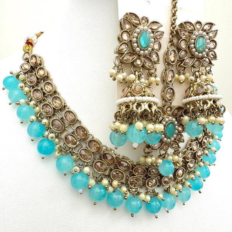 Auqa Blue Antique Polki Kundan necklace set/Reverse Ad Necklace/Statement necklace/Indian/Punjabi Necklace/Pakistani Jewelry/Bridal necklace