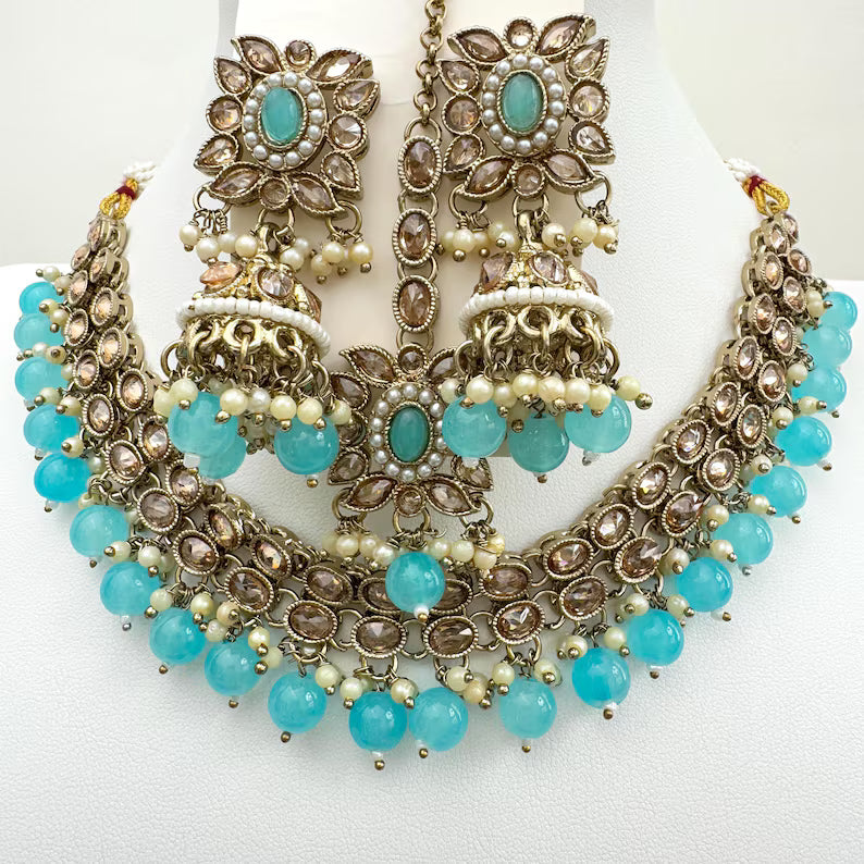 Auqa Blue Antique Polki Kundan necklace set/Reverse Ad Necklace/Statement necklace/Indian/Punjabi Necklace/Pakistani Jewelry/Bridal necklace