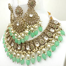 Mint Green Antique Polki Kundan Pearl Necklace with earrings and tikka, bridal necklace, Indian Punjabi Pakistani Wedding Jewelry